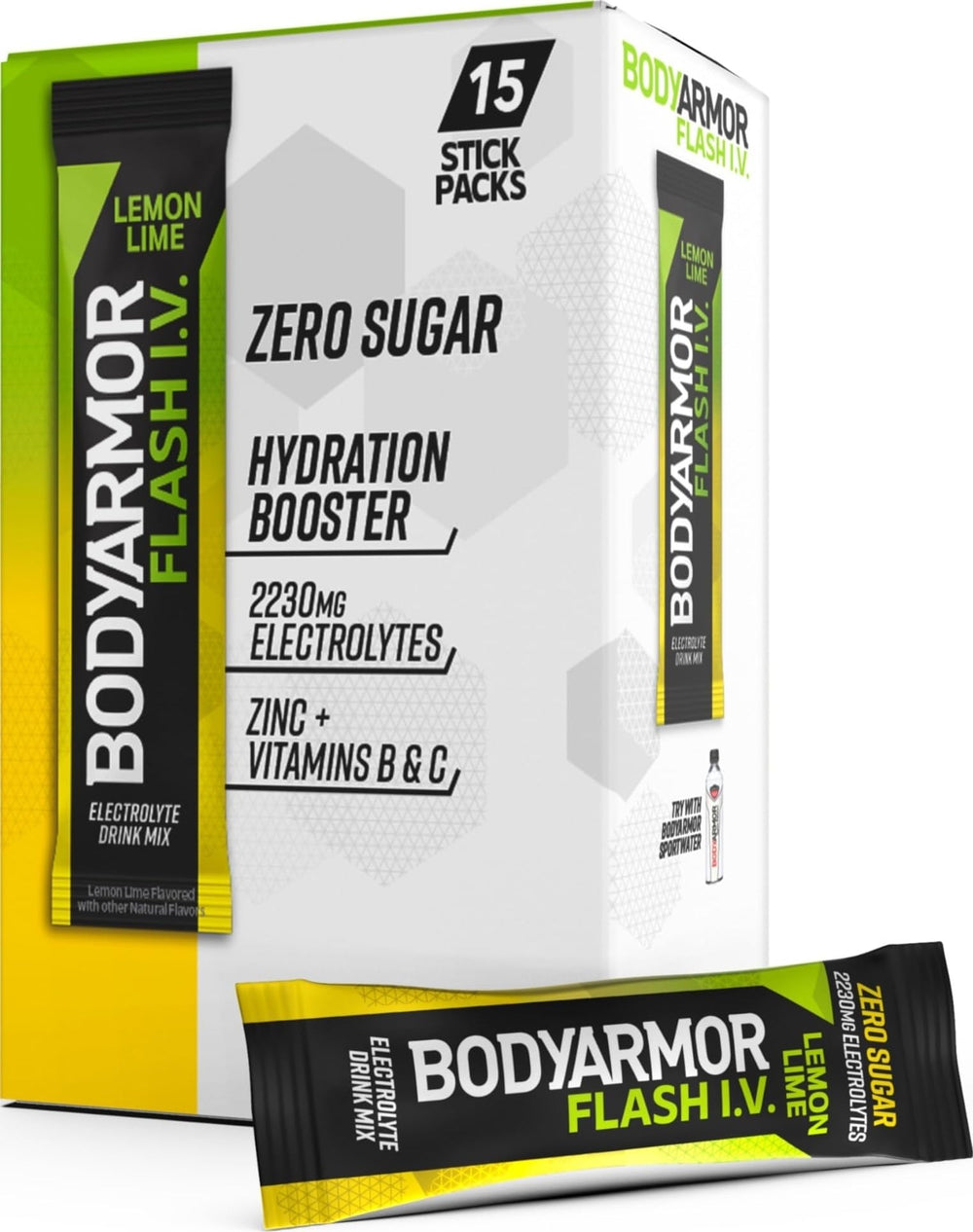 BODYARMOR box front showing lemon-lime sticks and easy grab convenience