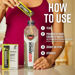 BODYARMOR powder pouring into bottle illustrating fast, mess-free mixing