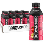 BODYARMOR front packaging showing 12-pack and strawberry banana flavor benefits