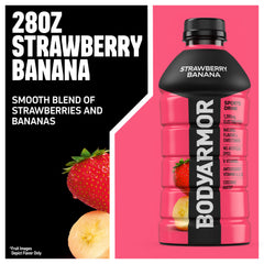 Pouring BODYARMOR into a glass demonstrating refreshing strawberry banana hydration