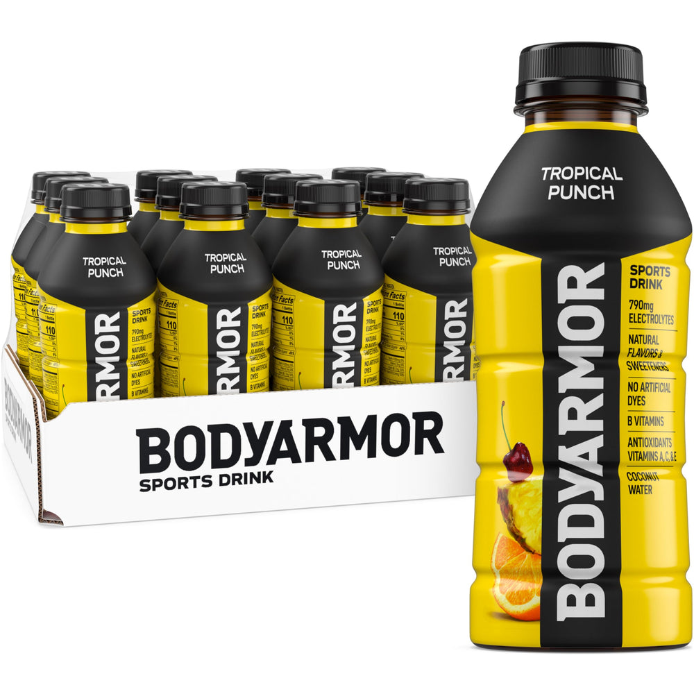 BODYARMOR front pack view showing Tropical Punch bottles and hydration benefit
