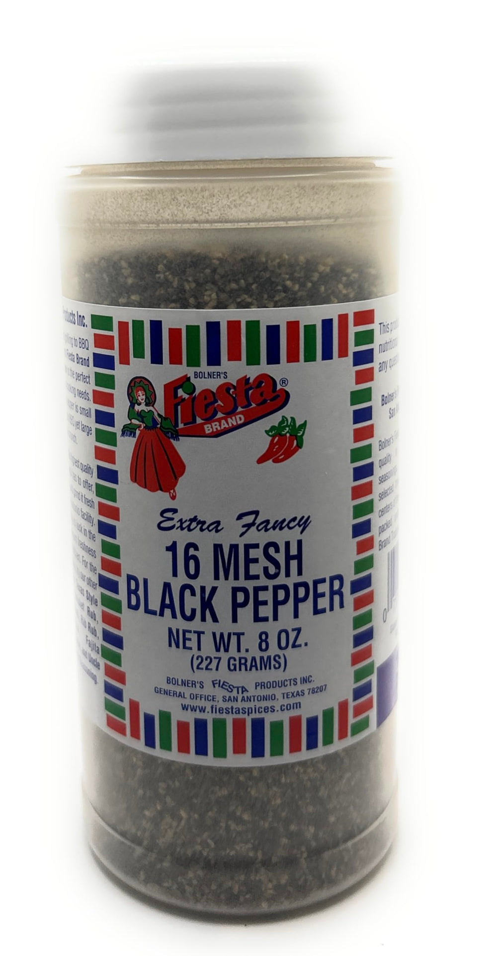 Bolner's Fiesta bottle front label showing pepper, enhances seasoning control