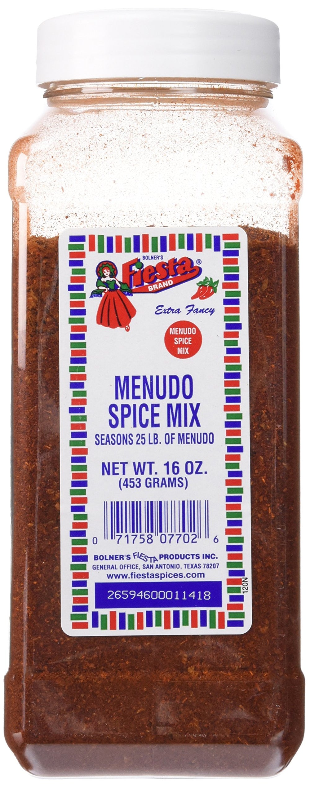Bolner's Fiesta front label close-up showing authentic menudo spice blend and easy seasoning