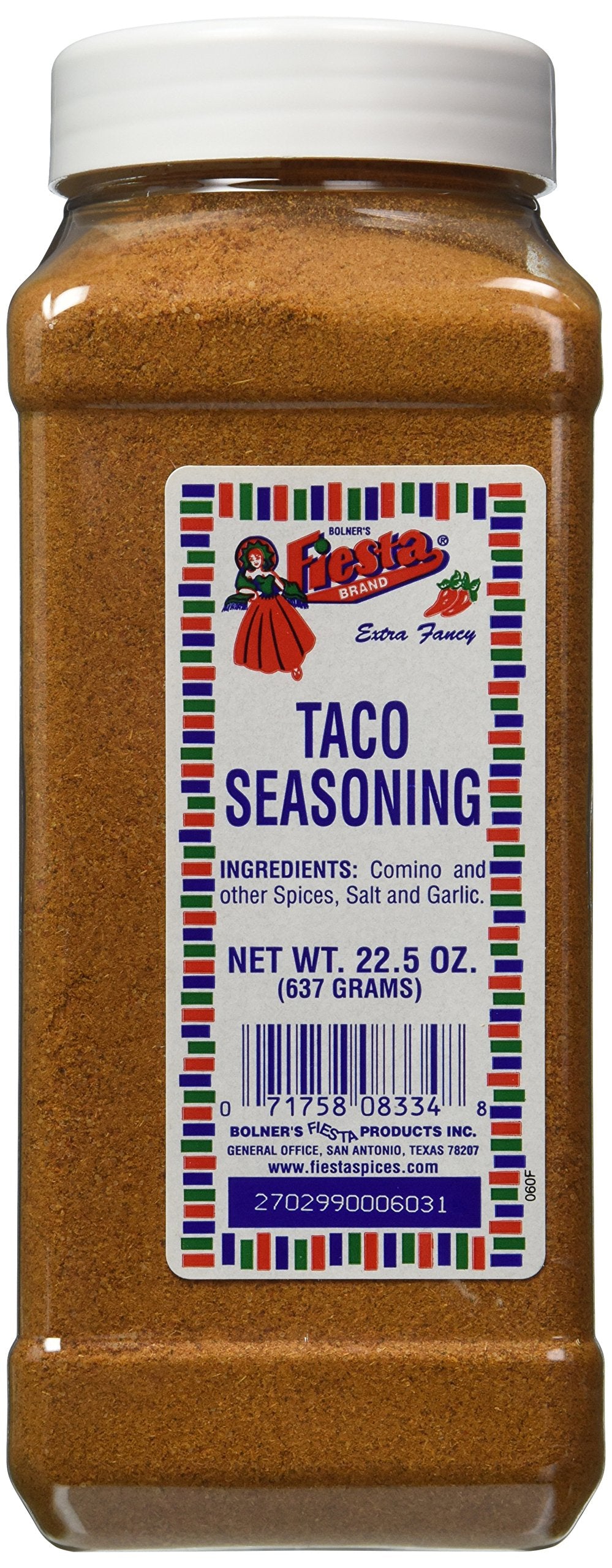Bolner's Fiesta front label on 22.5 oz container showing product and convenience