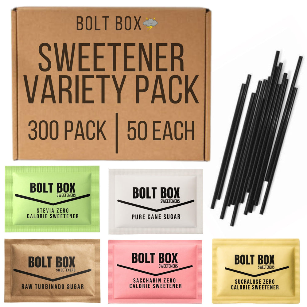 Bolt Box front packaging showing balanced sweetener assortment and clear labeling for quick restock benefit