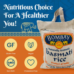 Bombay Market raw basmati grains close-up showing long slender kernels