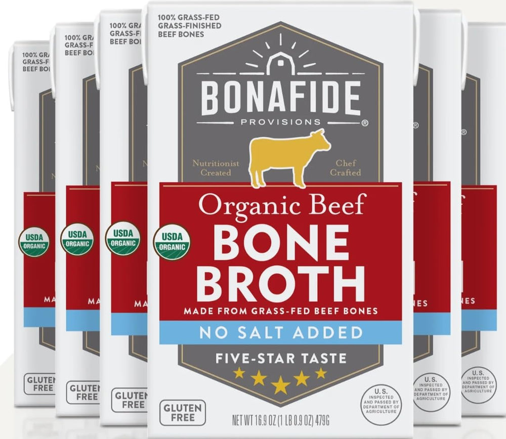 Bonafide Provisions front packaging showing six no-salt-added cartons, clear ingredient focus