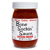 Bone Suckin' front label showing Carolina vinegar style and 17 ounce jar benefit: clear identification