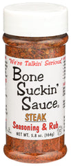 Bone Suckin' front packaging showing jar and bold steak seasoning benefits