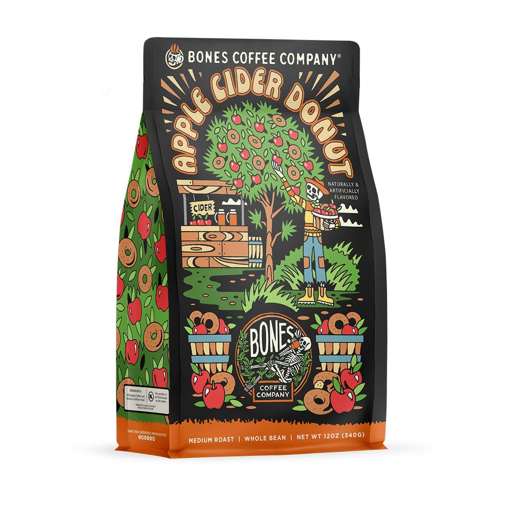 Bones Coffee Company front package showing 12oz bag and flavor name, inviting aroma