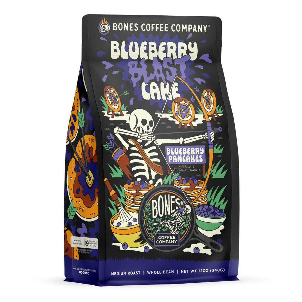 Bones Coffee Company bag front view showing blueberry cake flavor and resealable benefits