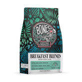 Bones Coffee Company front packaging showing breakfast blend and benefits