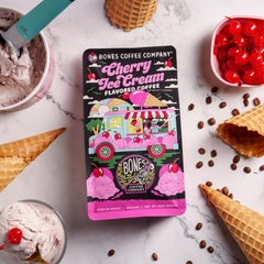 Bones Coffee Company brewed cup steaming with creamy cherry aroma benefit