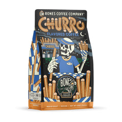 Bones Coffee Company front packaging showing churro flavor and benefits