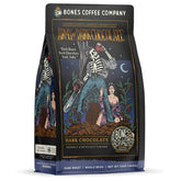 Bones Coffee Company front packaging showing dark chocolate blend benefit of freshness