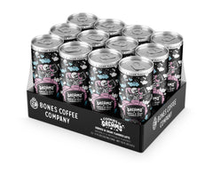 Bones Coffee twelve-can pack arranged to show quantity and ready-to-drink value