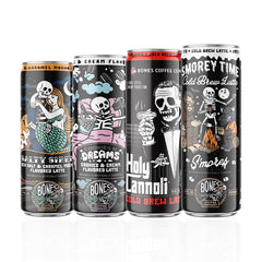 Bones Coffee Company hand holding an 11 fl oz can to show size and portable on-the-go convenience