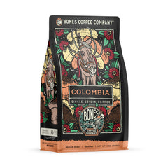 Bones Coffee Company front packaging showing 12 oz bag and flavor highlights