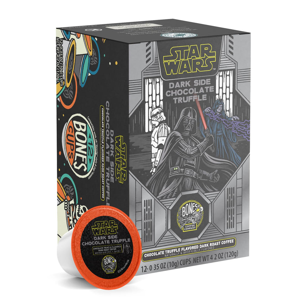 Bones Coffee front packaging showing Dark Side theme and chocolate truffle flavor benefits