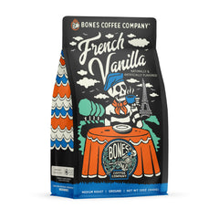 Bones Coffee Company front packaging showing 12 oz bag and vanilla aroma
