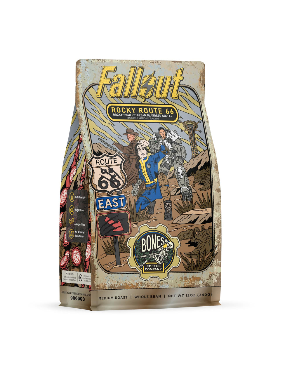 Bones Coffee Company front packaging showing Rocky Route 66 branding and benefit of bold flavored roast