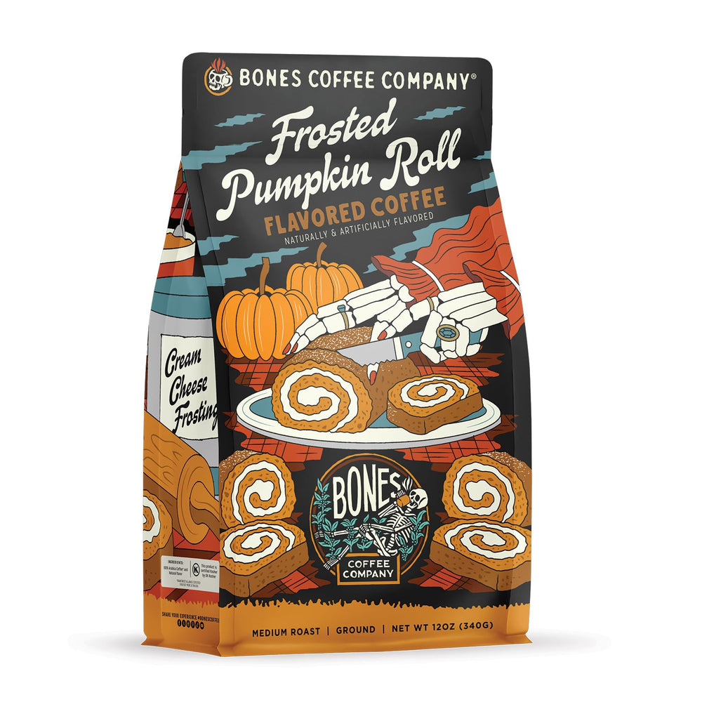 Bones Coffee Company front bag view showing Frosted Pumpkin Roll aroma and seasonal appeal