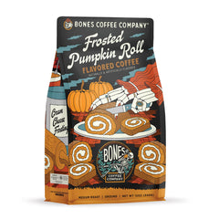 Bones Coffee Company front bag view showing Frosted Pumpkin Roll aroma and seasonal appeal