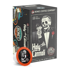 Bones Coffee front packaging showing Holy Cannoli flavor and 12-count convenience