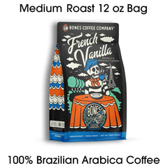 Bones Coffee label and roast stamp emphasizing small-batch artisan roast