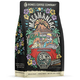 Bones Coffee Company front bag showing Macamaniac flavor and resealable pack benefit