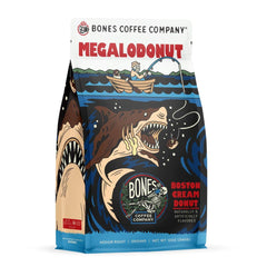 Bones Coffee Company bag front packaging showing Megalodonut flavor and resealable closure for freshness