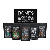 Bones Coffee Company sample pack front packaging shows variety and convenience
