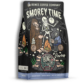 Bones Coffee Company front packaging showing s'mores flavored coffee and benefit freshness