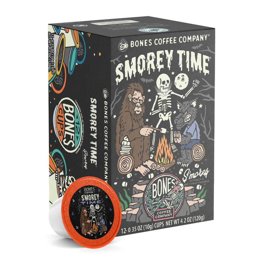 Bones Coffee front packaging showing S'morey Time pods and flavor branding for clear identification