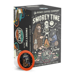 Bones Coffee front packaging showing S'morey Time pods and flavor branding for clear identification