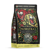 Bones Coffee Company front packaging showing dark roast label and 12 oz bag benefit freshness