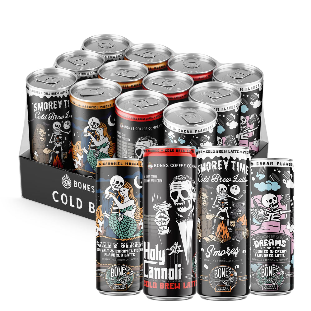 Bones Coffee Company front view of 12-pack showing all four flavored latte cans and convenience