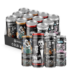 Bones Coffee Company front view of 12-pack showing all four flavored latte cans and convenience
