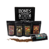 Bones Coffee Company front packaging showing five 4 oz single-origin bags and freshness benefit