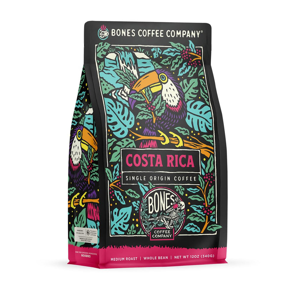 Bones Coffee Company front of bag showing Costa Rica branding and roast benefit