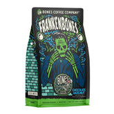 Bones Coffee Company bag front showing Frankenbones chocolate hazelnut flavor and benefit of clear branding