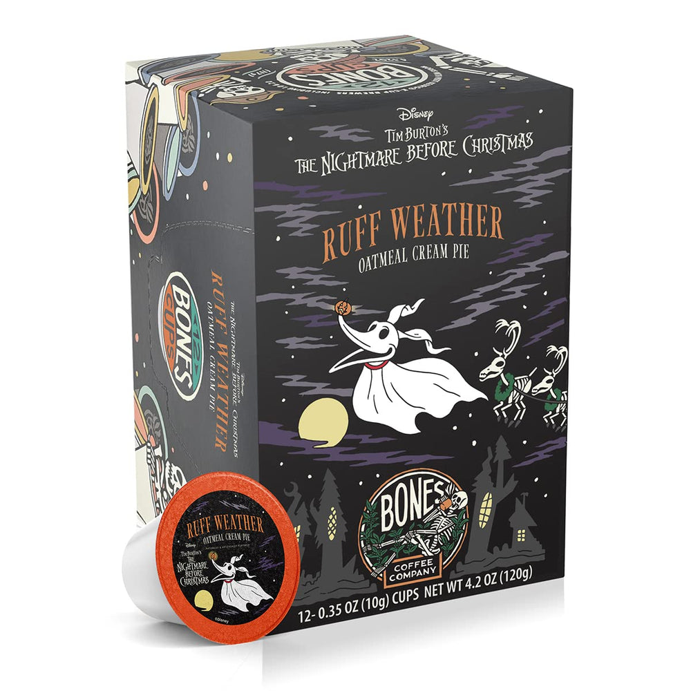 Bones Coffee Company front packaging showing Ruff Weather design and flavor benefits