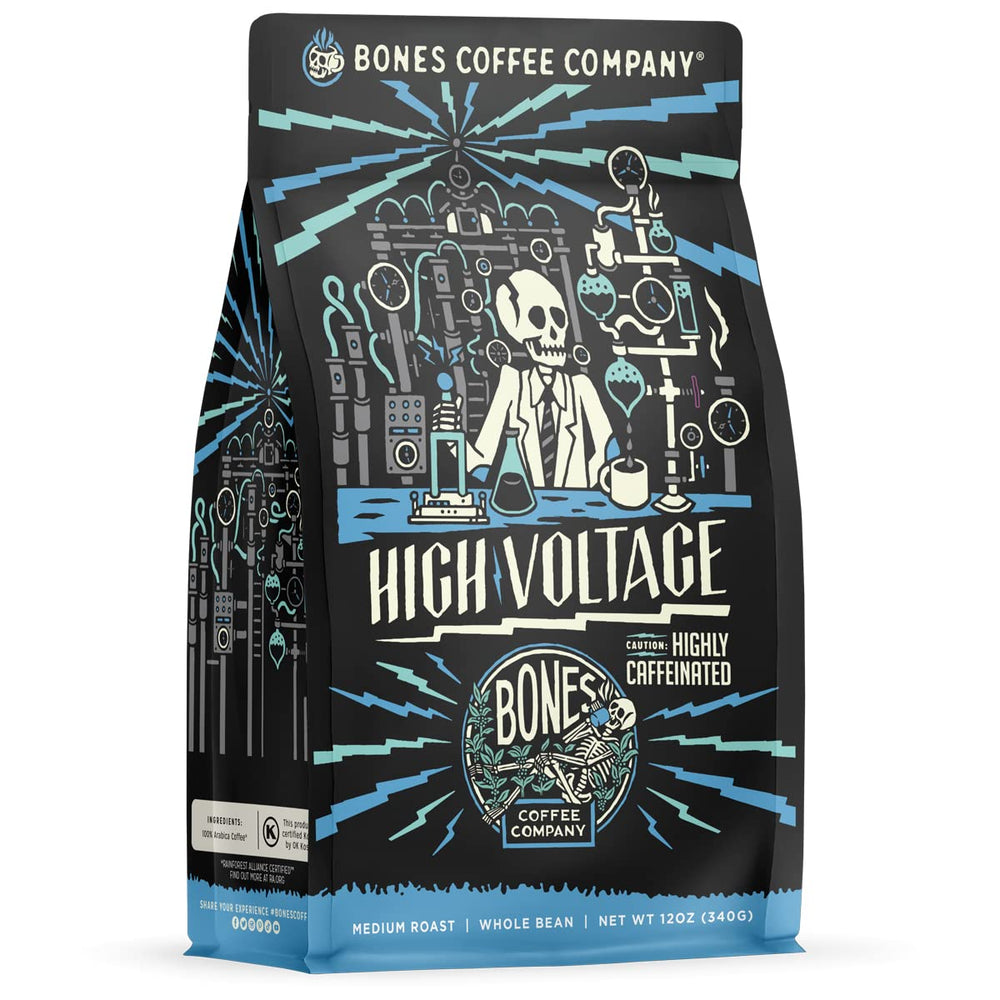 Bones Coffee Company front package view showing bold branding and resealable bag benefit