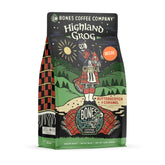 Bones Coffee Company front packaging showing Highland Grog bag and label benefit vivid flavor
