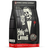 Bones Coffee Company front packaging showing cannoli flavor and medium roast benefits