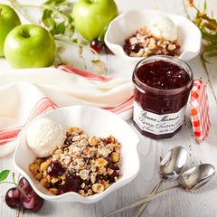 Bonne Maman jar close-up shows cherry pieces and natural fruit texture for appeal