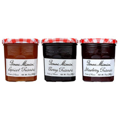 Bonne Maman front packaging variety pack showing three 13 oz jars and clear labels, showcasing premium fruit