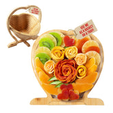 Bonnie and Pop front view of heart basket showing colorful tropical fruits and elegant presentation
