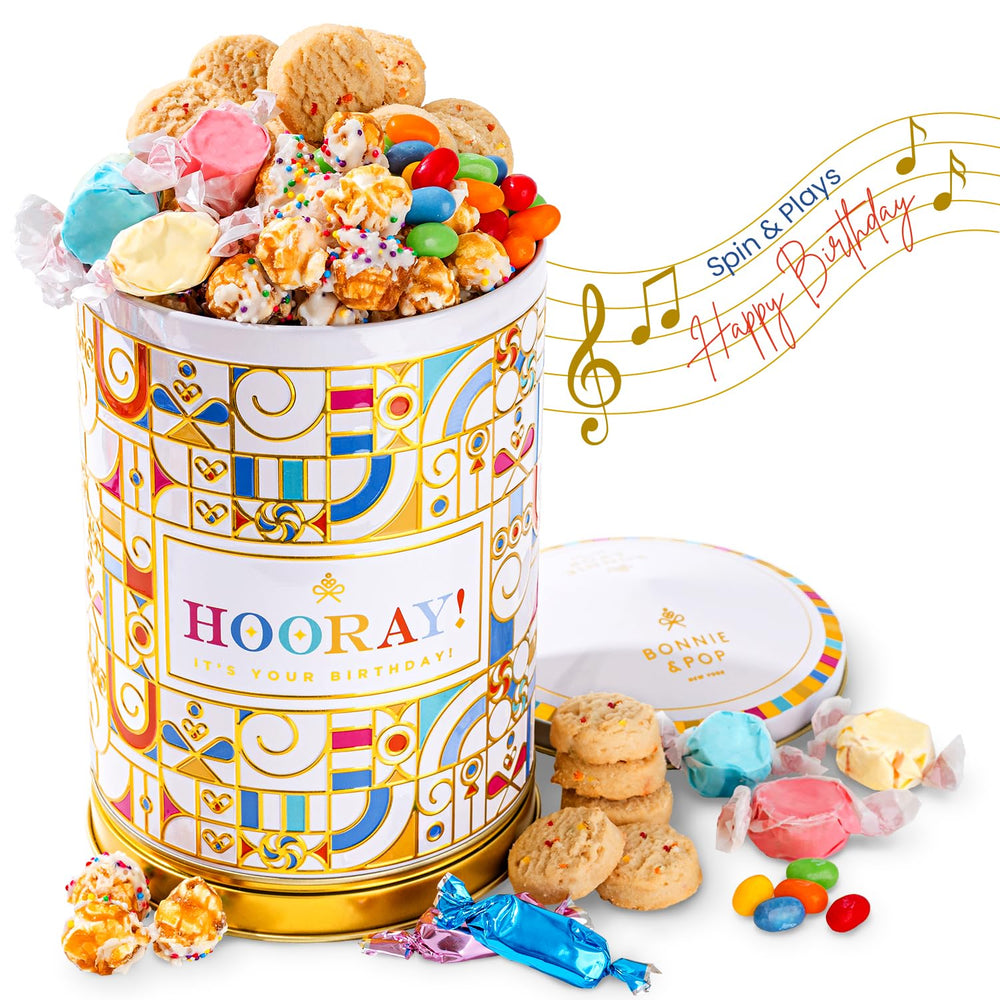 BONNIE AND POP front view of decorative birthday tin showing branding and design