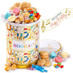 BONNIE AND POP front view of decorative birthday tin showing branding and design